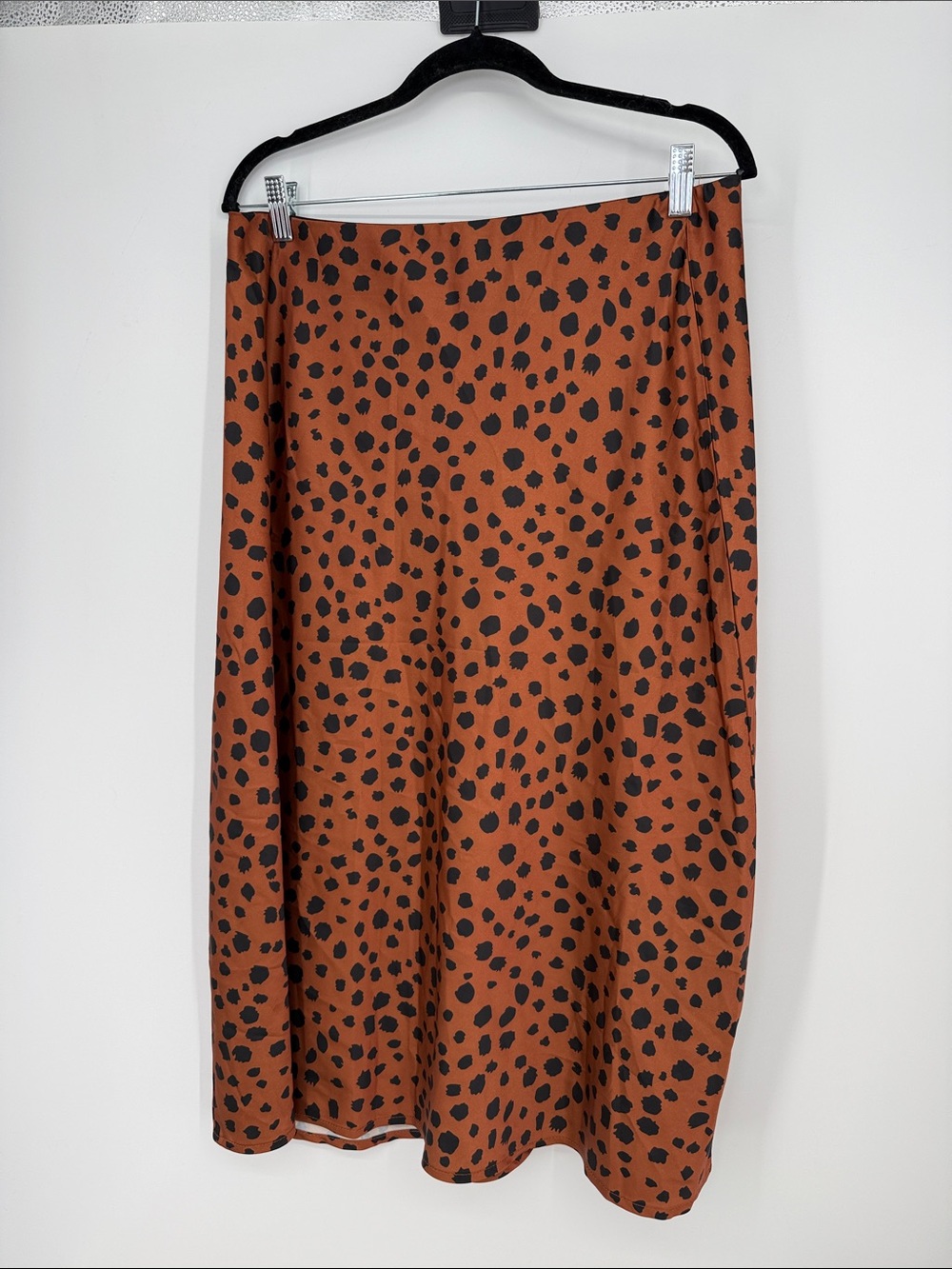 Rust Brown Black Spotted Satin Midi Skirt XL